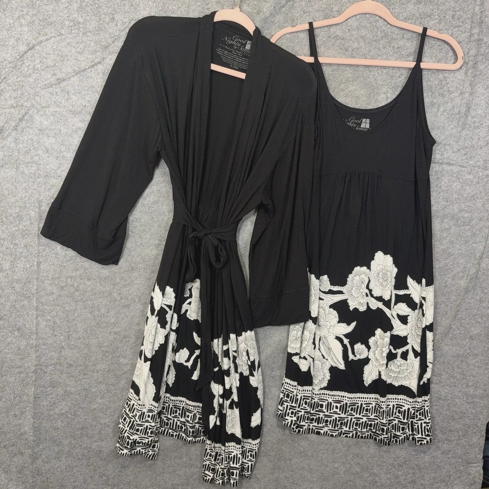 Soma Cool Nights Robe Gown Set Womens Sz L Black Floral Stretch